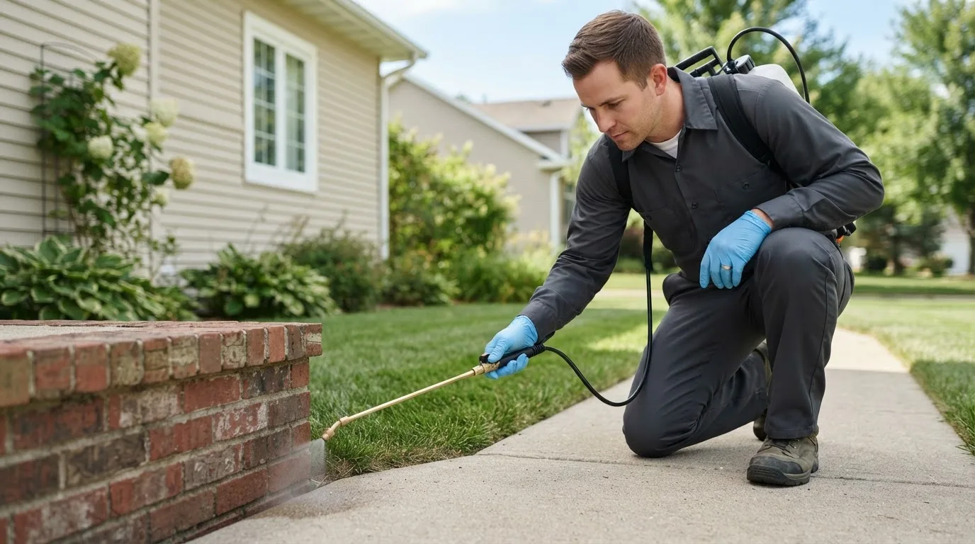Pest control technician treating a home near Dighton, KS